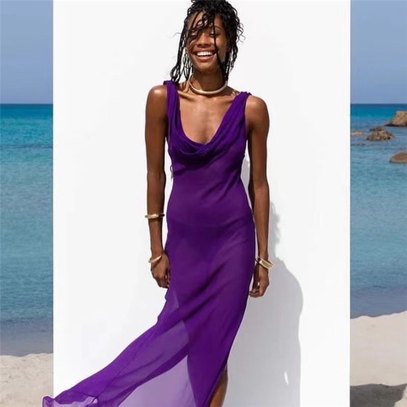 

Casual Dresses Mesh Swing Neck Sleeveless Backless Sheer Maxi Dress Women Summer Beach Sexy See Through Long Party Club, Purple