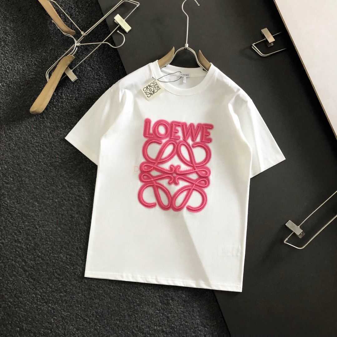 

Designer Fashion Clothing Tees Tshirts Loewe Low Edition 2023 Summer New High Density Embroidery Pink Counter Short Sleeve Tshirt Unisex Top Luxury Casual Streetwe, White