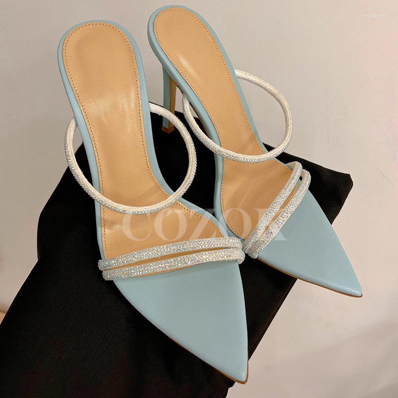 

Slippers Women's Summer Rhinestone Decor One Strap Design Banquet High Heel Sandals Fashion Pointed Head Female, White