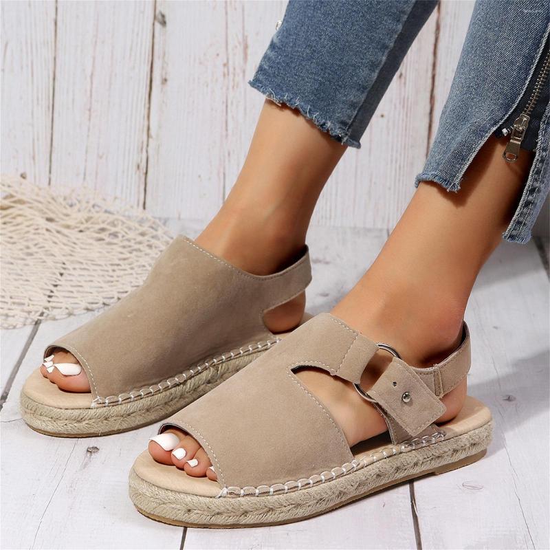 

Sandals Vintage Women Summer Comfort Casual Buckle Flat Female Beach Wedge Shoes Linen Fish Mouth Platform Roman 2023, Khaki