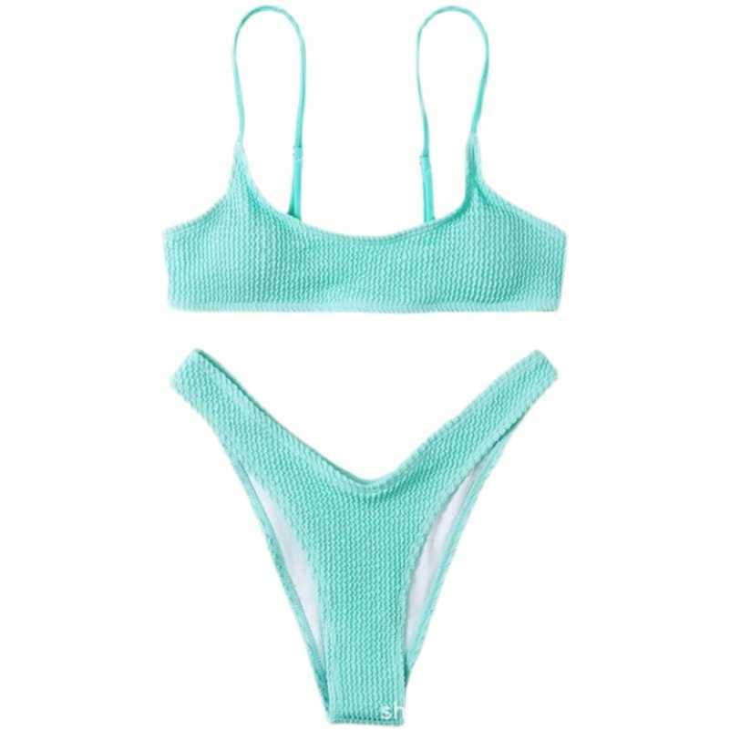 

New European and American Swimwear Women's Bikini Solid Pit Stripe Bikini Swimwear in Stock, Light pink