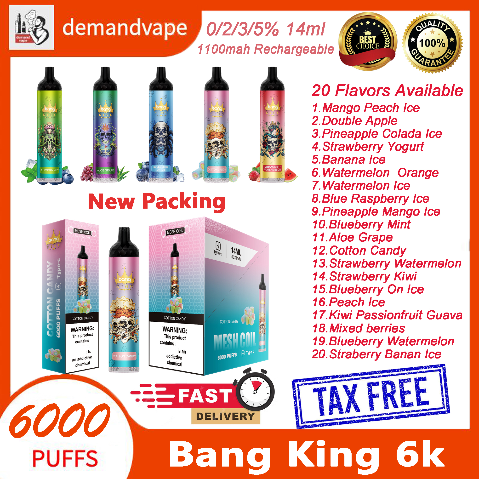 

Original Bang King 6000 Puff E Cigarettes New Packing Disposable Vape Pen 0% 2% 3% 5% Level 14ml Pre-filled Pods Cartridge 1100mAh Rechargeable Battery 20 Flavors In Stock