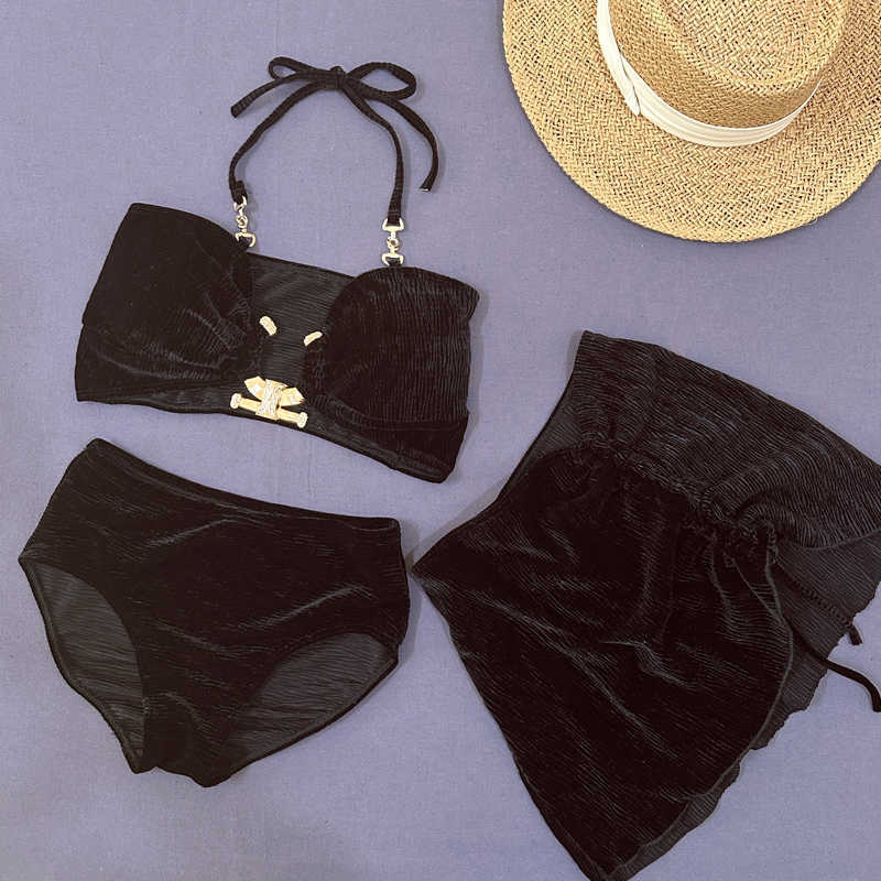 

Wind INS Red Swimsuit Women's Three Piece Set Sexy Bikini Split European and American Three Point Spicy Girl Vacation Swimsuit 1T, Black (422 three piece set)