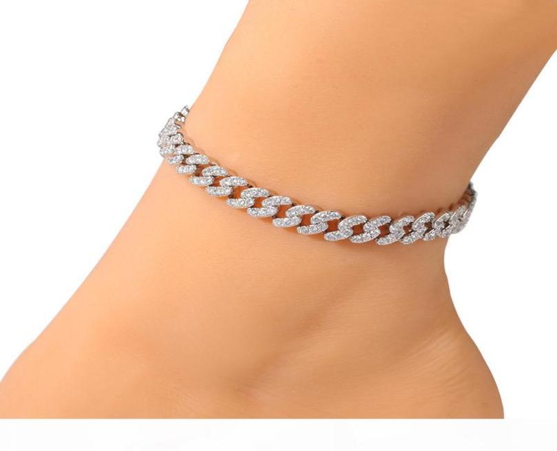 

Fashion Womens Anklets Bracelet Iced Out Cuban Link Chain Anklets Bracelets Gold Silver Pink Diamond Hip Hop Anklet Jewelry8048073