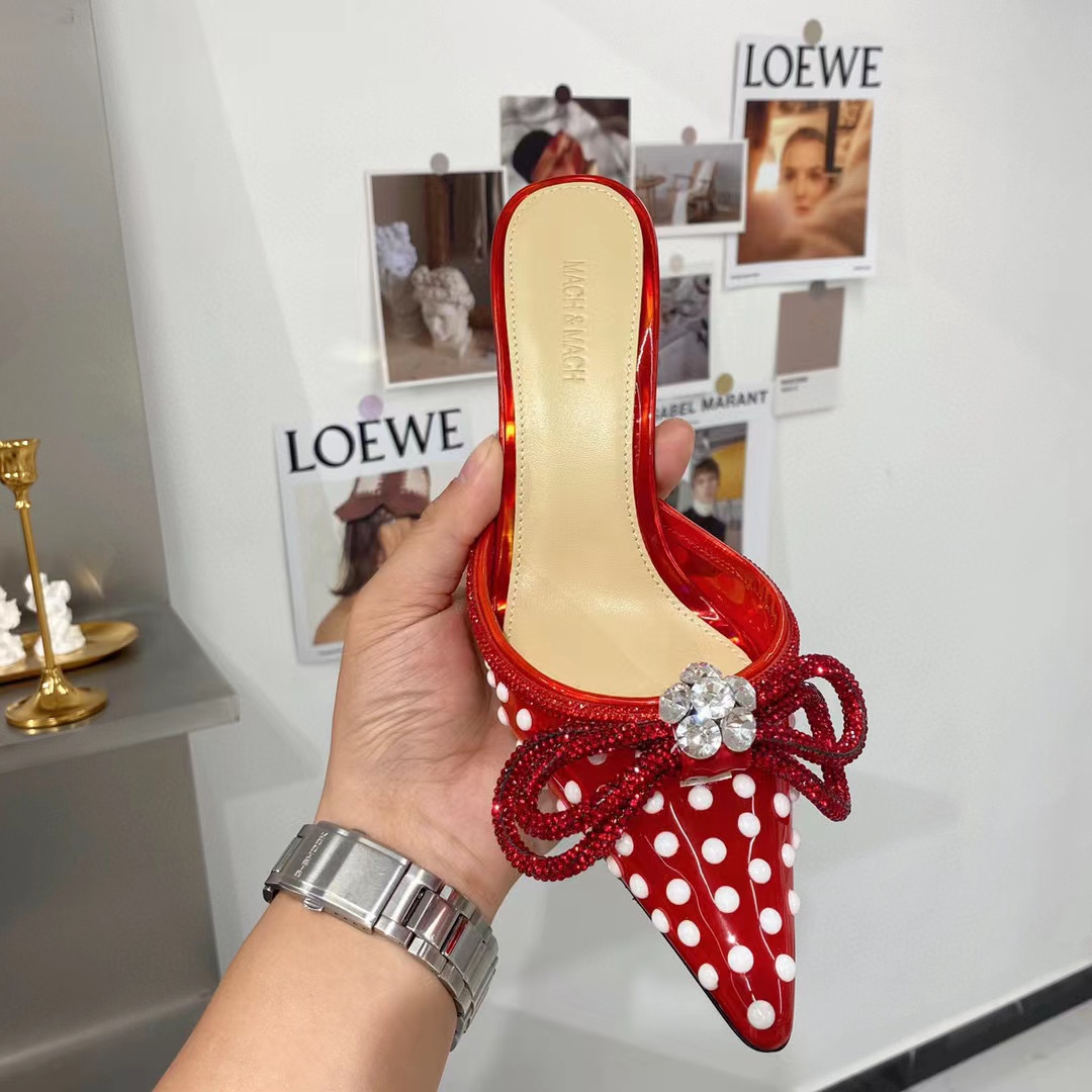 

2023Sandal Mach Satin Bow Pumps Crystal Embellished rhinestone Evening shoes stiletto 8.5cm Heels sandals women heeled Luxury Designer ankle strap Dress heel 35-42, Red transparent pvc
