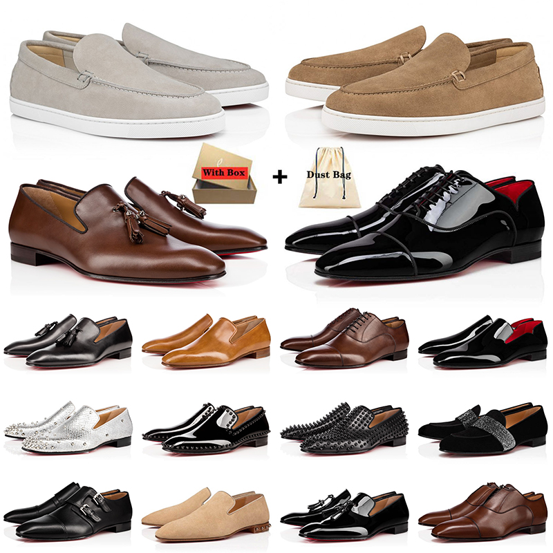 

With Box Red Bottoms Loafers Mens Shoes BIG SIZE 50 christians Pointed Toe Black Suede Patent Leather Rivets Glitter louboutins bottom Loafer Men Fashion Designer, 21