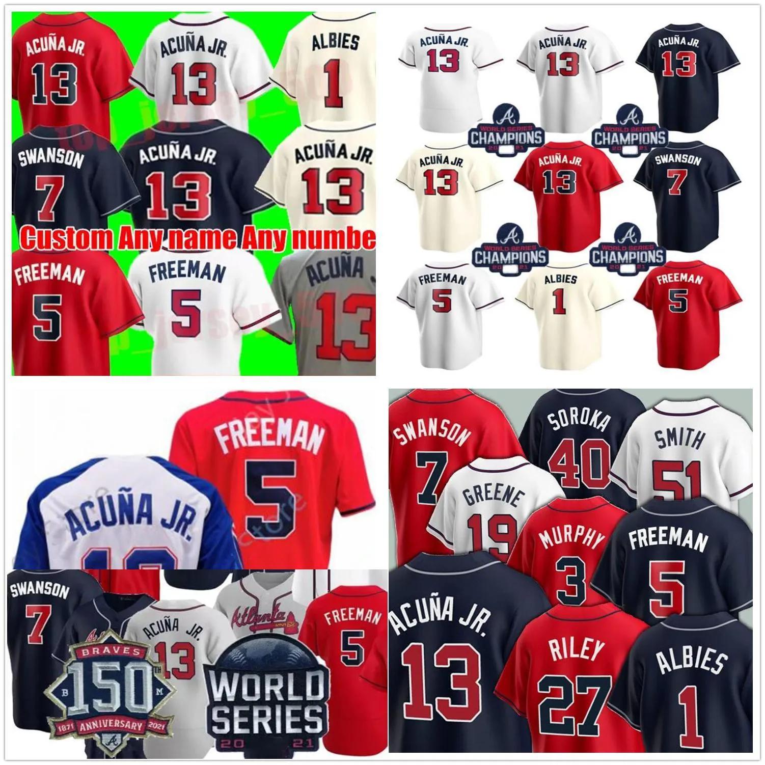 

baseball 13 Ronald Acuna Jr. Jersey 1 Ozzie Albies 5 Freddie Freeman 7 Dansby Swanson 20 Marcell Ozuna McGriff Austin Riley baseball jerseys, Navy mens