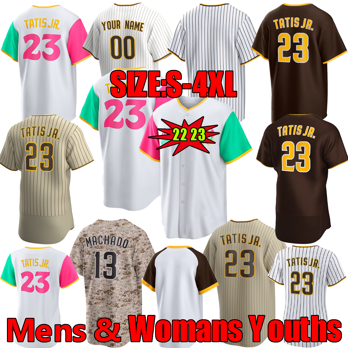 

2023 Top Quality San Diego 22 Juan Soto jersey 23 Fernando Tatis Jr. 13 Manny Machado 9 Jake Cronenworth 19 Tony Gwynn 2 Bogaerts Lamet Custom S-4XL Baseball Jerseys