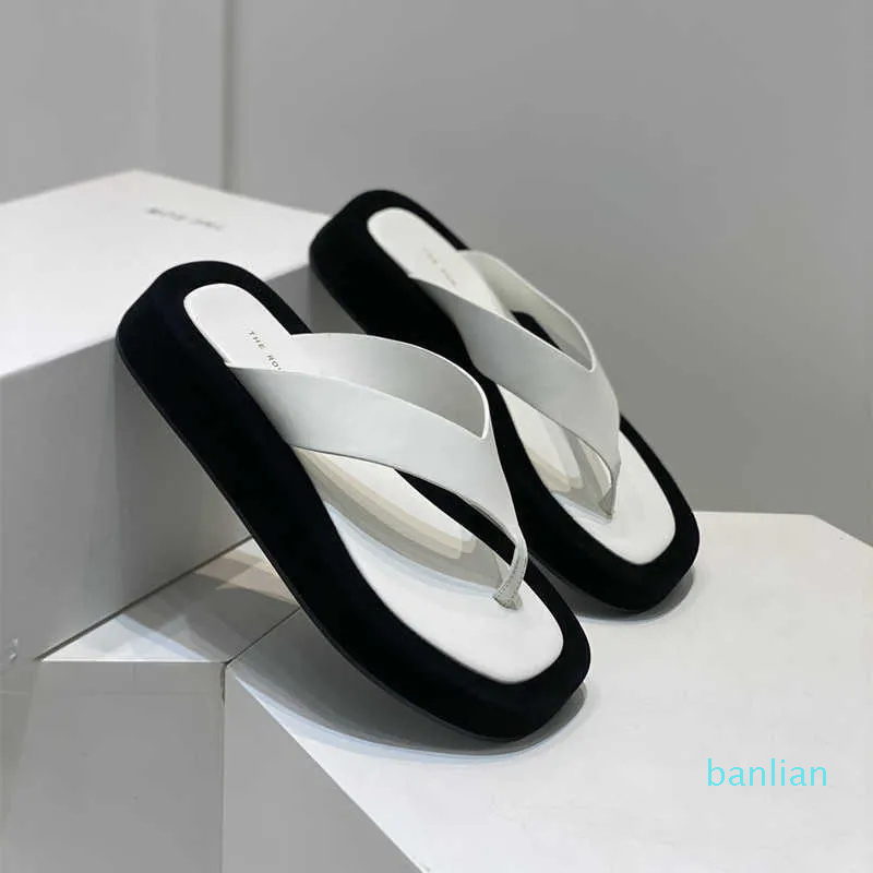 

the row flip flops genuine leather thick soled herringbone slippers for women's outerwear wear height bottom sandals, Black4