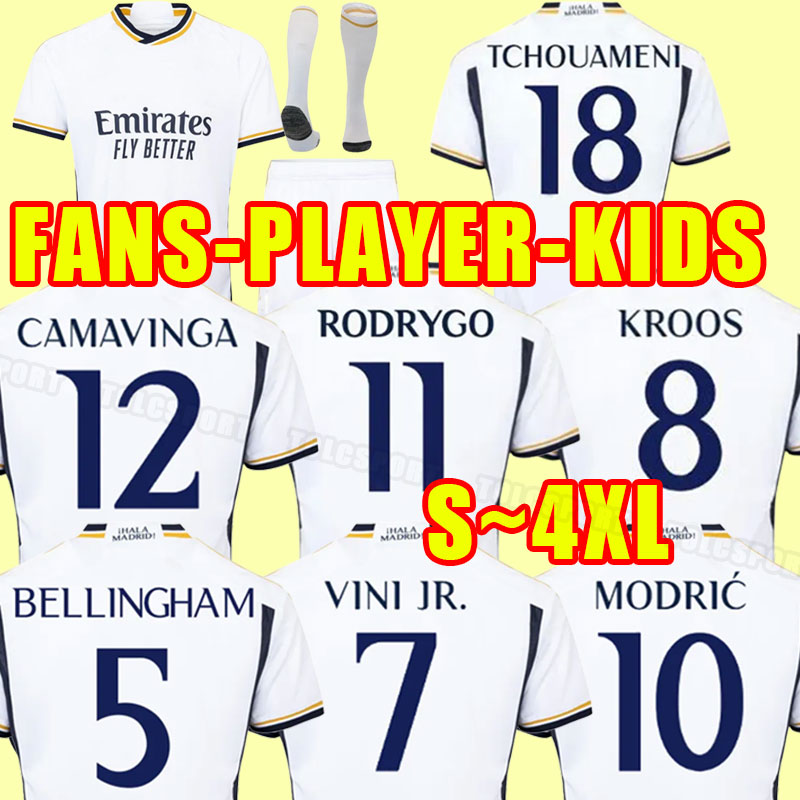

3XL  soccer jerseys 23 24 FANS player version football shirt VINI JR MODRIC RODRYGO Rudiger 2023 2024 CAMAVINGA Real Madrids men kids full set 3XL  BELLINGHAM, Home+patch