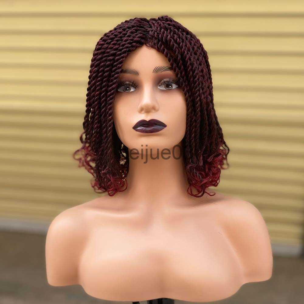 Synthetic Wigs Ombre Red Color Crochet Kinky Twist Braided Wig Short Bob Box Braided Wigs For Black Women African Synthetic Braiding Hair Wig x07-image-886059168
