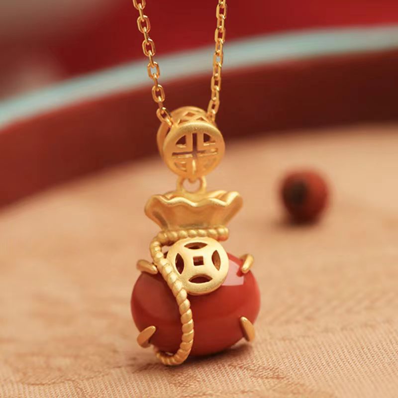 

New Original Little Lucky Money Bag Chinoiserie Natural South Red Agate Sterling Silver Ancient Gold Bone Lock Necklace Pendant for Women