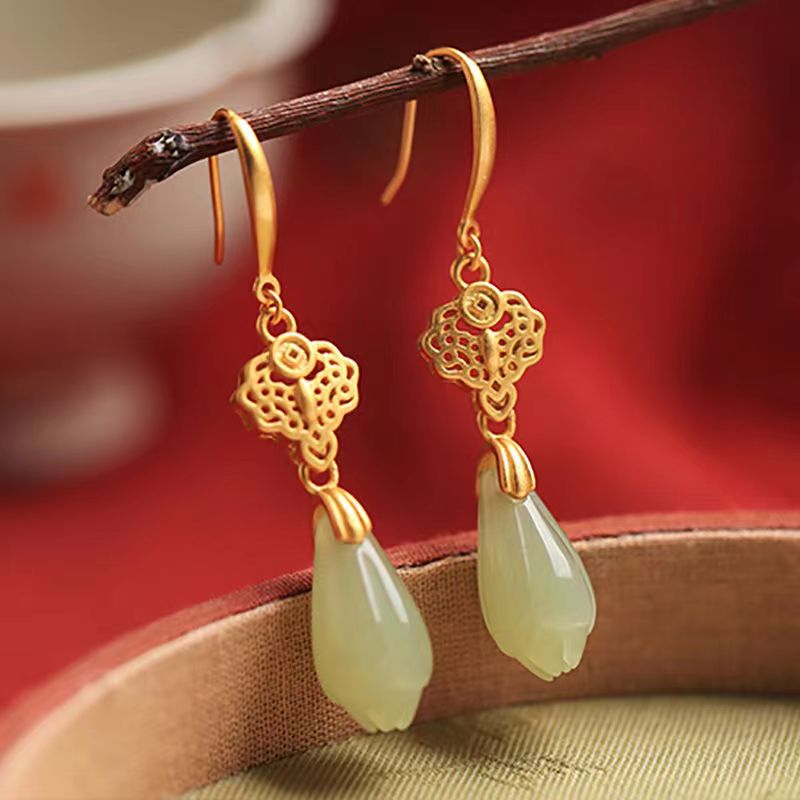 

Natural Hotan Jade Jasper Earrings Women's National Style Elegant Long Earrings Earrings Earrings