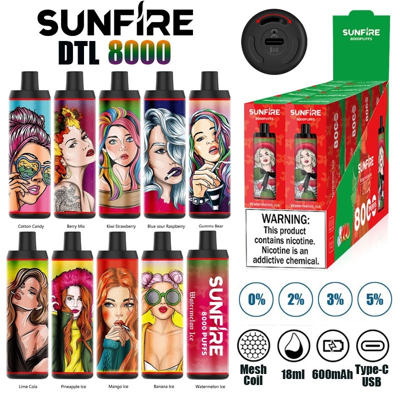 

Original Sunfire Puff 8000 DTL Disposable Vape 18ml Prefilled 600mAh USB Recharge Adjustable Airflow Disposable E Cigarette vapes disposable puff 8K by Aierbota