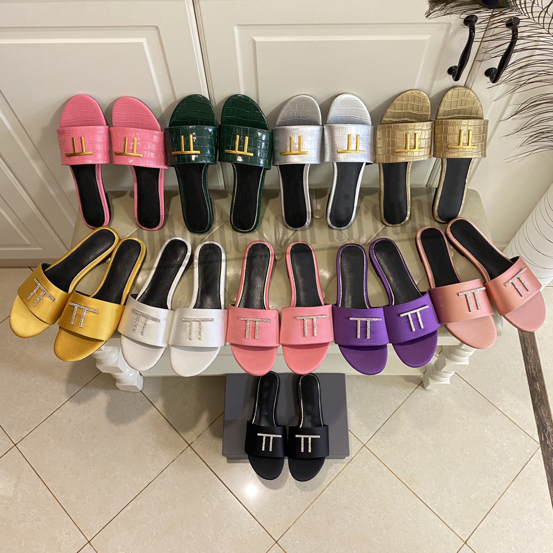 

Shiny Stamped crocdile sandals leather tf slide for women slippers black white brown pink gold embossed Tom classic flat slipper fashion sliders sandales size 35-43