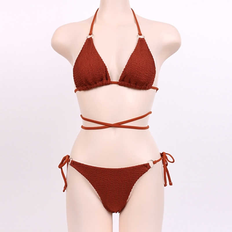 

New Bikini Sexy Three Point Black Swimwear Women's Split Neck Strap Small Chest Swimwear, Jujube orange