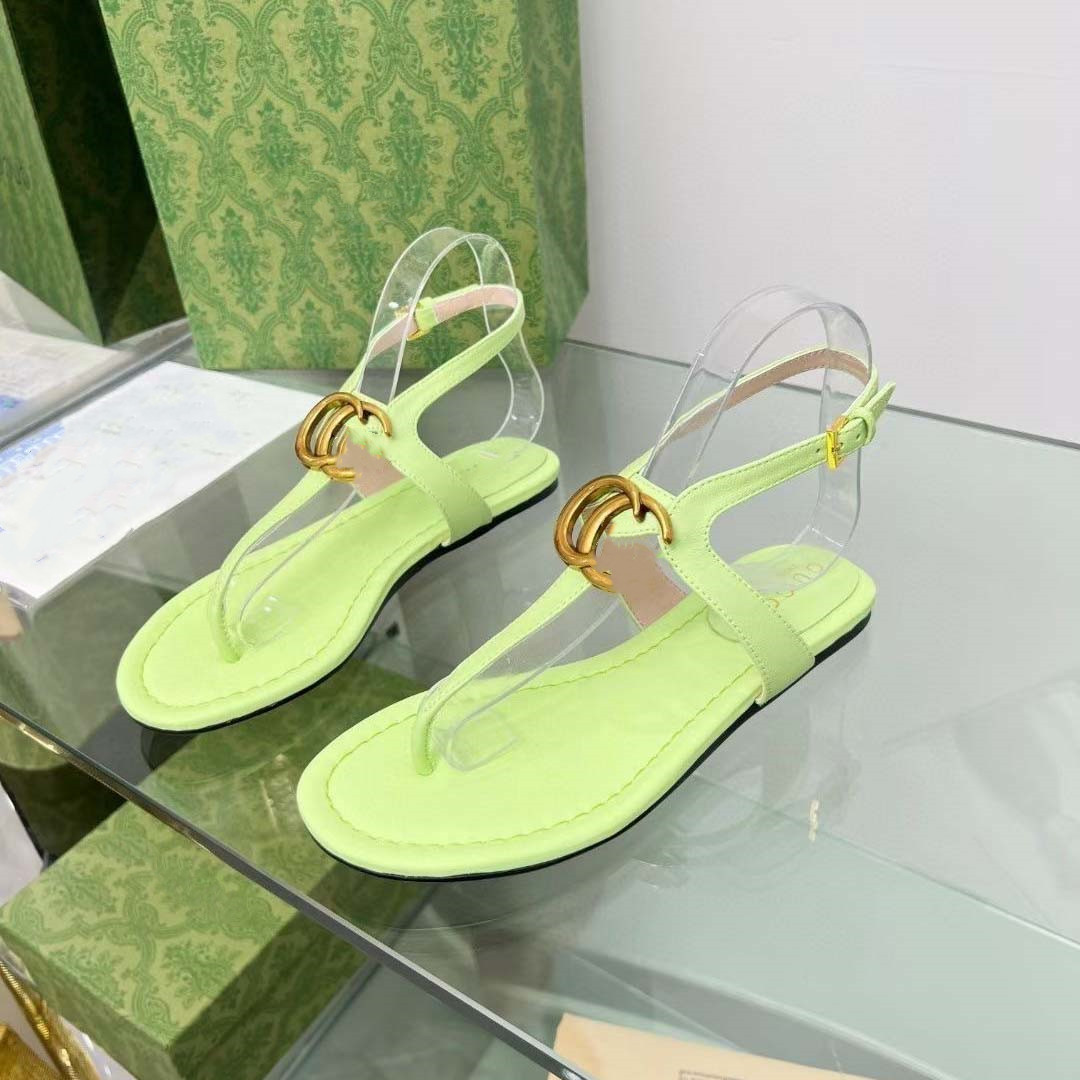 

Designer WOMEN'S DOUBLE THONG SANDAL Light green white black leather Gold-toned hardware luxury shoes Beach slippers 02