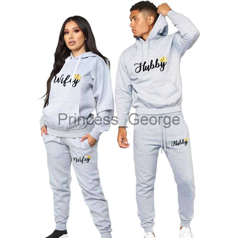 Men's Tracksuits Couple Sportwear Set Hubby Wifey Print Lovers Clothes Fleece Suit Men Hoodie and Pants 2 pieces Hoodies Women's Tracks-image-879737444