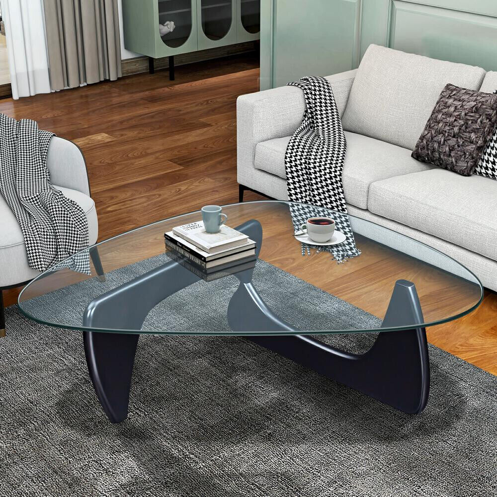 

Black Coffee Table Triangle Glass Solid Wood Base Fit living room