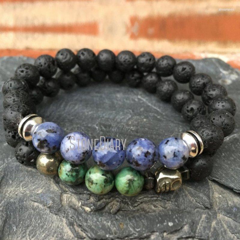 

Strand WMB31655 Natural Gemstone Lava Rock African Turquoise Beaded Wrist Mala Spiritual Prayer Bracelet For Men And Women
