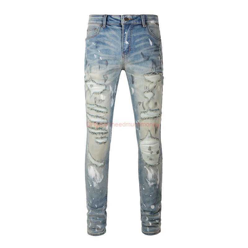 

Designer Clothing Amires Jeans Denim Pants Fashion Brand Amies Splashink Wash Water Blue Make Old High Street Hole Big Damage Elastic Slim Fit Mx1 Small Leg Man Dfx1g, Light blue