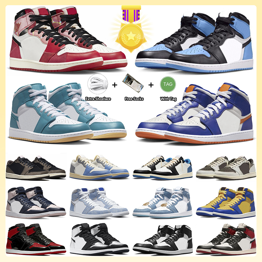 

1 1S Basketball Shoes Aquatone Tokyo Vintage Spider-Verse UNC TOE Dark Mocha Washed Pink Black Toe Reverse Laney Game Royal Lucky Green Palomino Sneakers for Men Women, Item#22