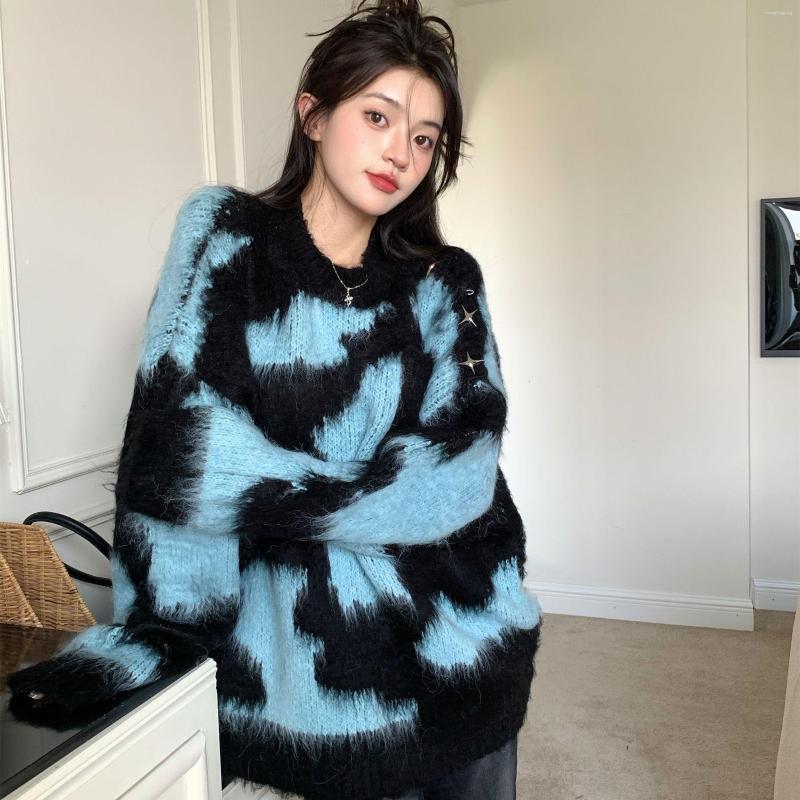 

Women's Sweaters 2023 Autumn Women's Korean Top Blue Black Loose Long Sleeve Round Neck Knitted Sweater