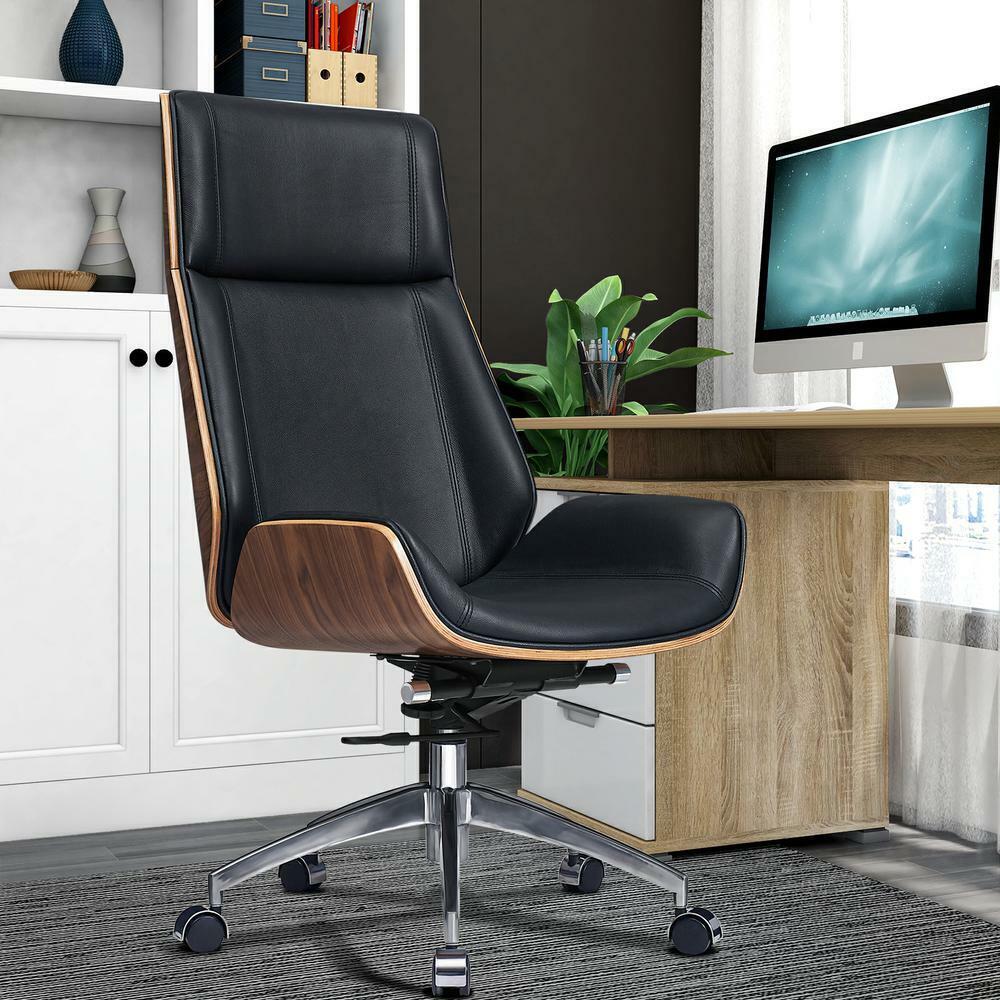 

Walnut Black Genuine leather office chair Swivel high back