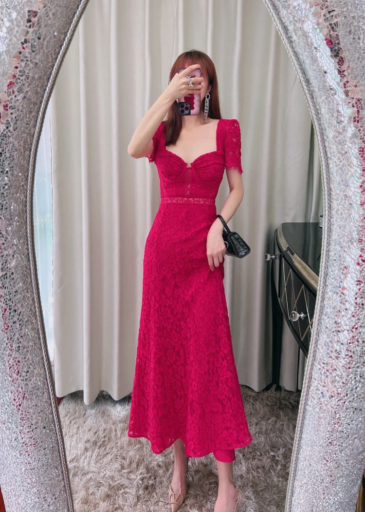 

New -elf Portrait Red Lace Dress Long Dress Evening Dress