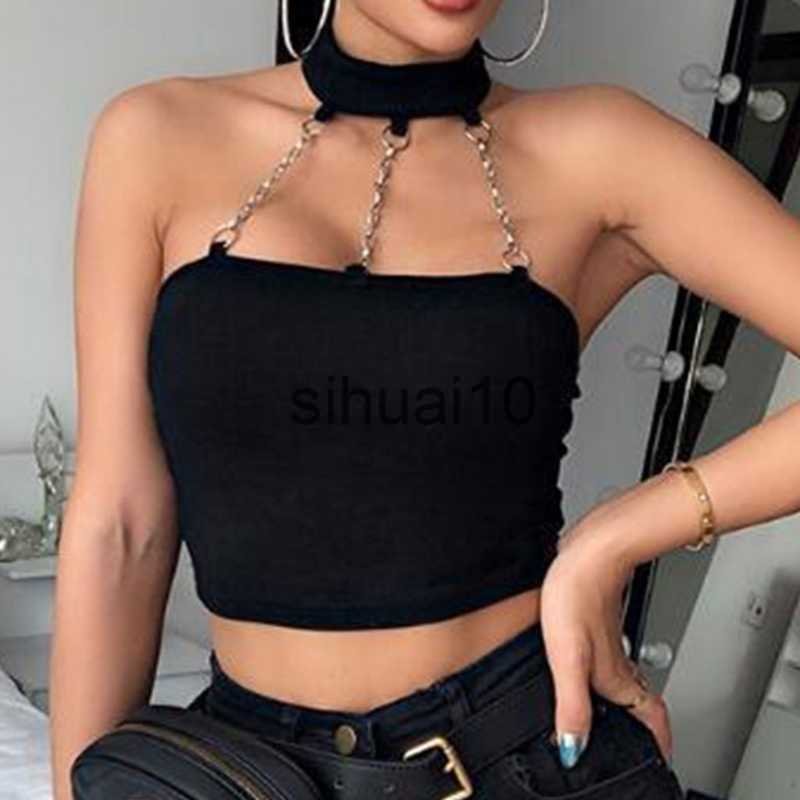 

Women's T-Shirt J78E Women Gothic Punk Halter Neck Tube Top Sexy Choker Metal Chain Backless Camisole J230627
