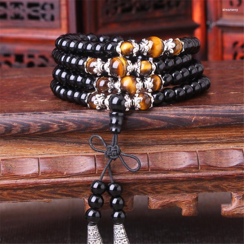 

Strand Prayer Mala Bracelet Men Buddhist Buddha Meditation Tiger Eye Stone And Wood 108 Beads Obsidian Rosary For Women
