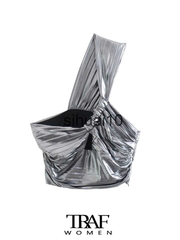 

Women's T-Shirt TRAF Women Fashion Front Hollow Out Shinny Crop Tank Tops Vintage One-Shoulder Side Zipper Female Camis Mujer J230627, As picture