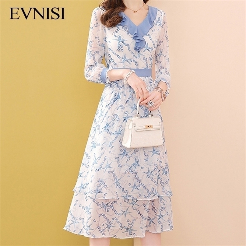 EVNISI bleu robe en mousseline de soie à fleurs femmes printemps et été mode col à volants robes élégant Aline Vestidos 220526