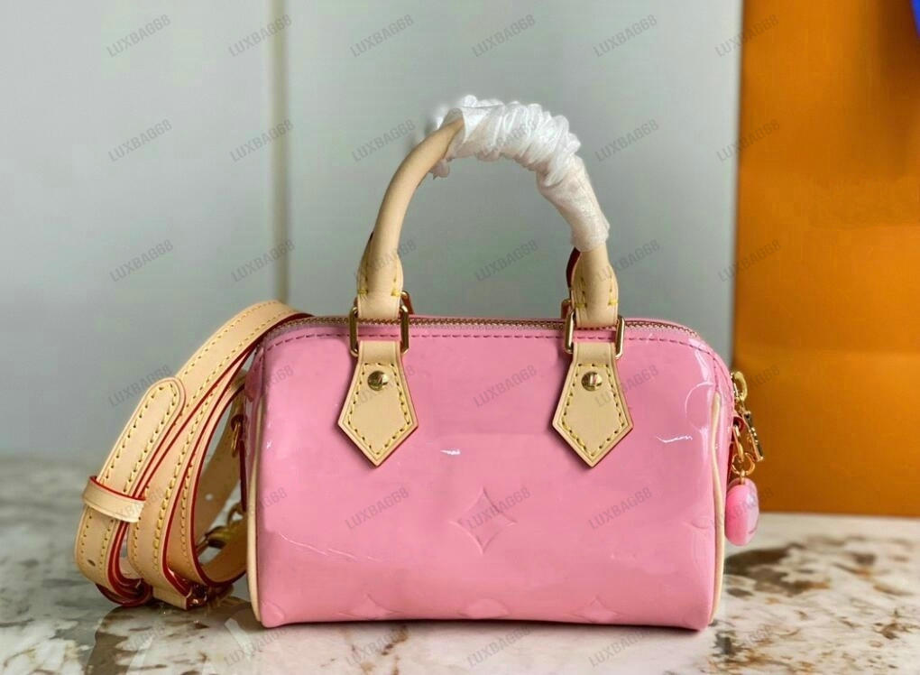 

Mochi Pink Nano Speedy M81879 Shoulder Bag Valentine's Day Womens Designer Handbag Monograms Vernis Patent Leather Mini Boston Bag Heart Shaped Charm Purse, #1