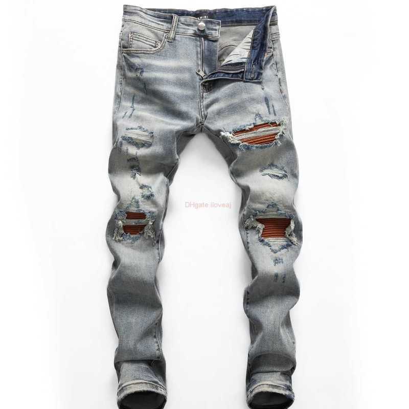 

Designer Clothing Amires Jeans Denim Pants Amies Made Old Heavy Work Washed Patches Torn Holes Cat Whiskers Personality Trend Youth Fashion Cool Men Slim, Beige