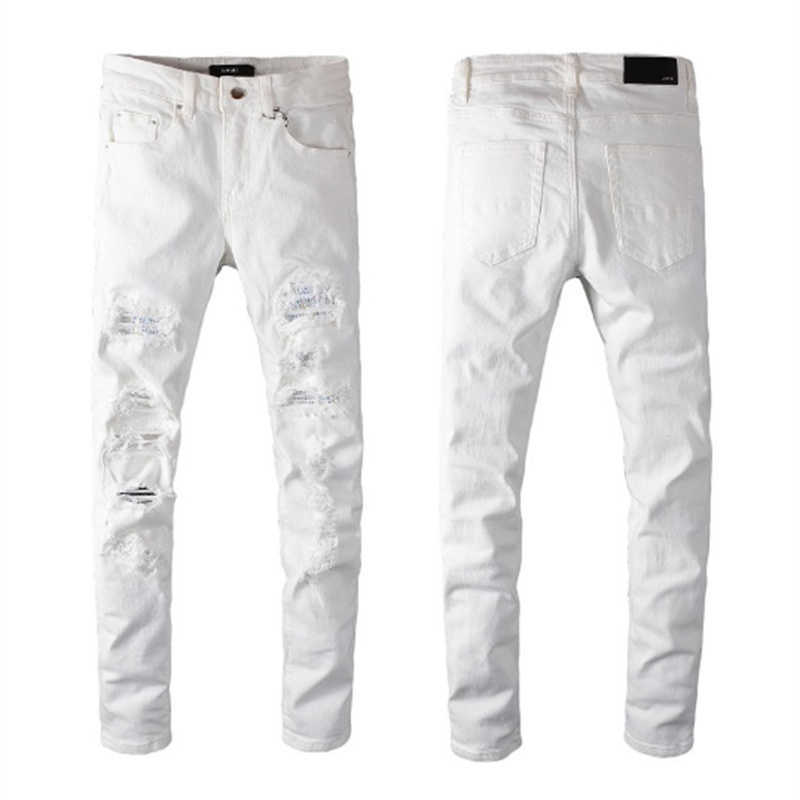 

Jeans 2023 Amirs Mens Jean Pants Designer Pantsy Style Heavy Industry Washing Water Destroys Holes Rose Red Printing Cable Splicing Blue 27-40cl72, White