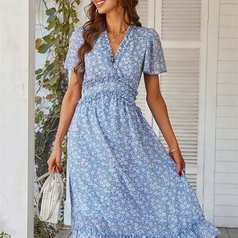 Dames Vintage Boho imprimé fleuri en mousseline de soie Dres décontracté vacances fête plage été Dres Robe d'été femme Robe Vestidos 220526