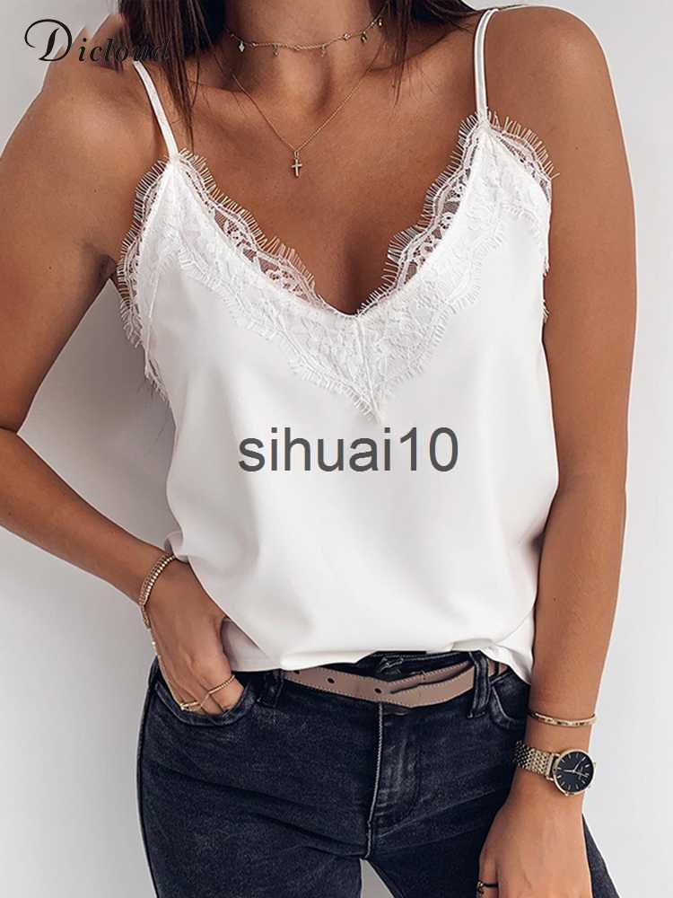 

Women's T-Shirt DICLOUD Women's Lace Top Summer 2023 Sexy White Black Basic T-shirts Satin Blouses Fashion V Neck Sleeveless Camisole Tank Tops J230627