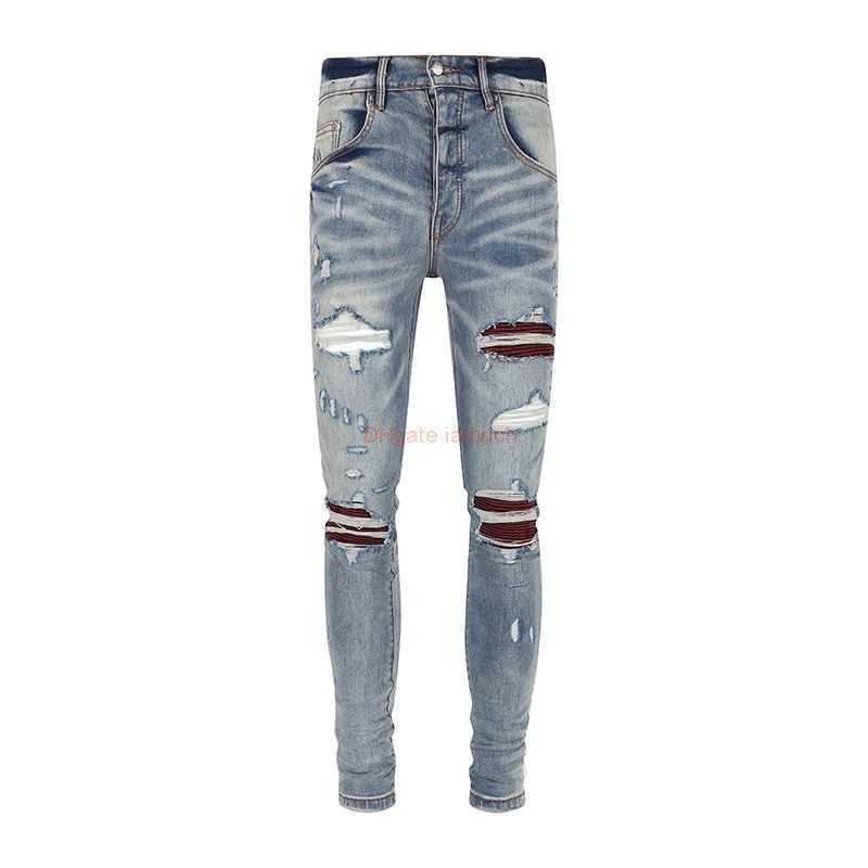 

Designer Clothing Amires Jeans Denim Pants 2023 New Amies High Street Fashion Trendy Mens with Broken Holes Pleated Patches Blue Distressed Long Ca1068 Dt9m4