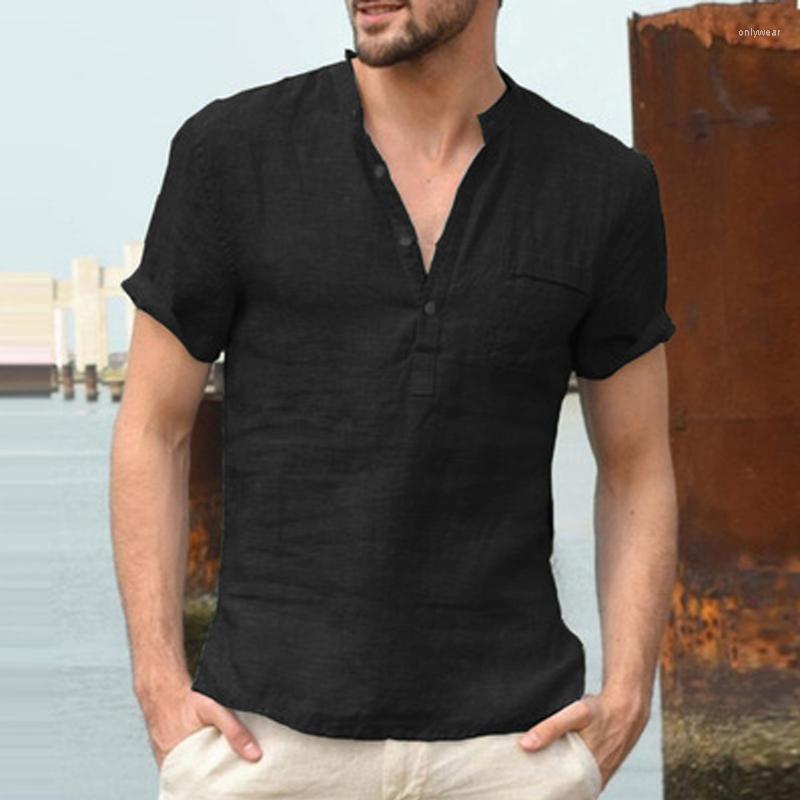 

Men's Casual Shirts 2023 Summer Short-Sleeved Stand-Collar Buttoned Half-Open T-Shirt European And American Men's Simple Solid Color, Khaki