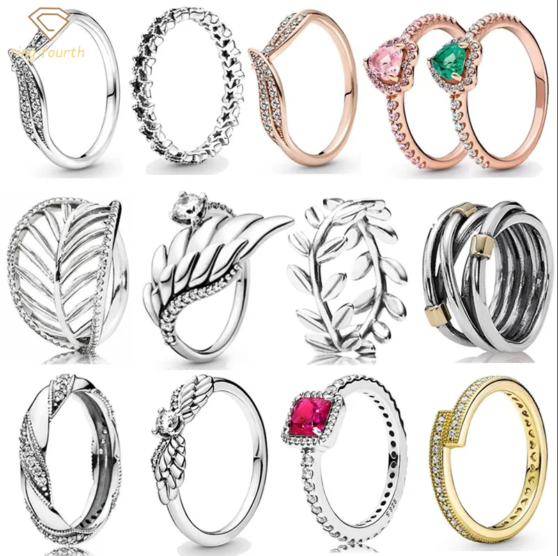 

925 Silver Women Fit Pandora Rings Original Heart Crown Fashion Ring Elevated Heart Eternity Entwined Rope Bands Asymmetric Stars Leaves