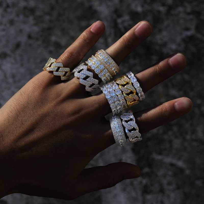 

Fine Iced Out Hip Hop Cuban Link Ring Gold Plated 925 Sterling Silver Vvs Moissanite Diamond Finger Band for Men