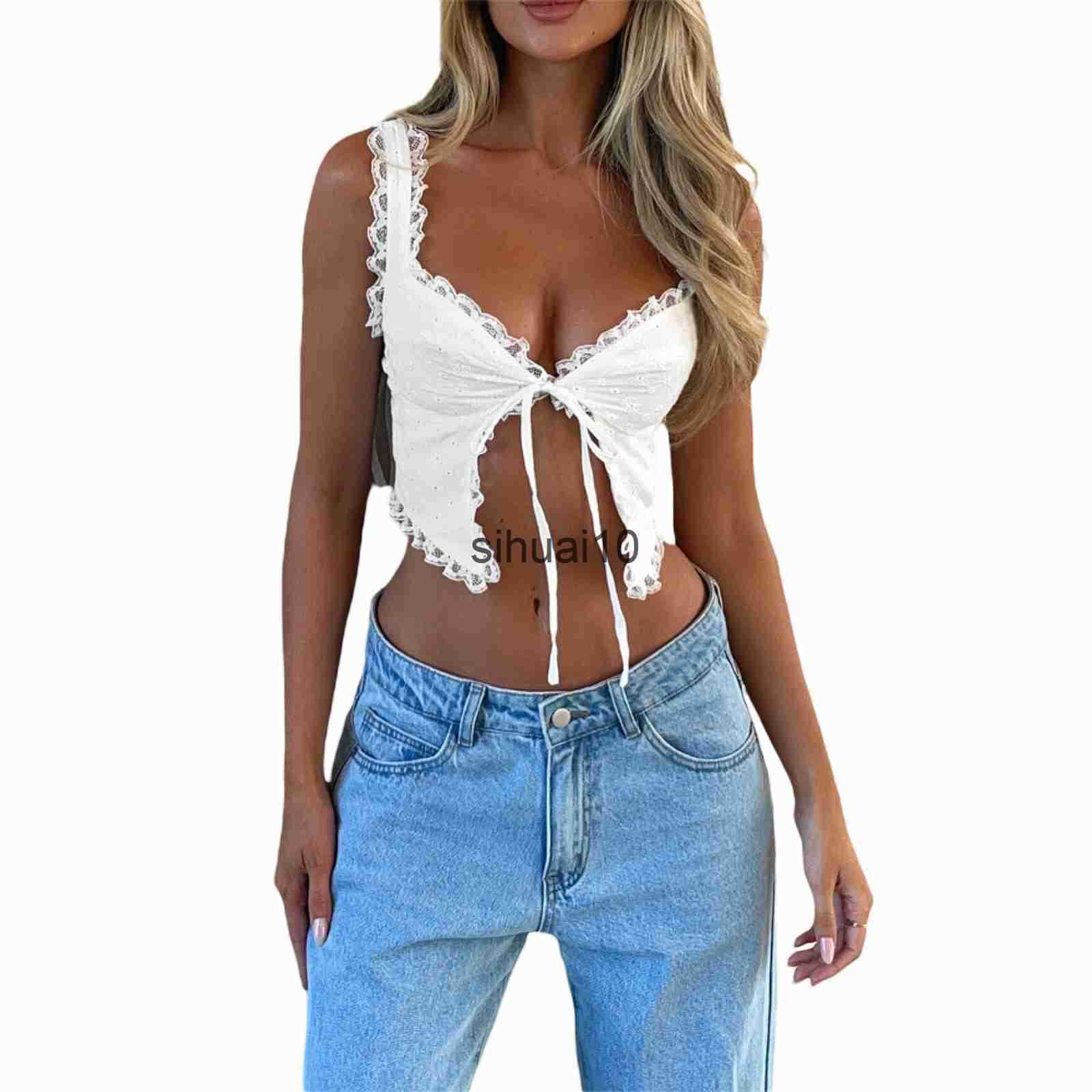 

Women's T-Shirt Women Lace Trim Camisoles Back Double Spaghetti Straps Tie-Up V-Neck Sleeveless Sling Tank Tops Summer Vests Crop Tops J230627, Black