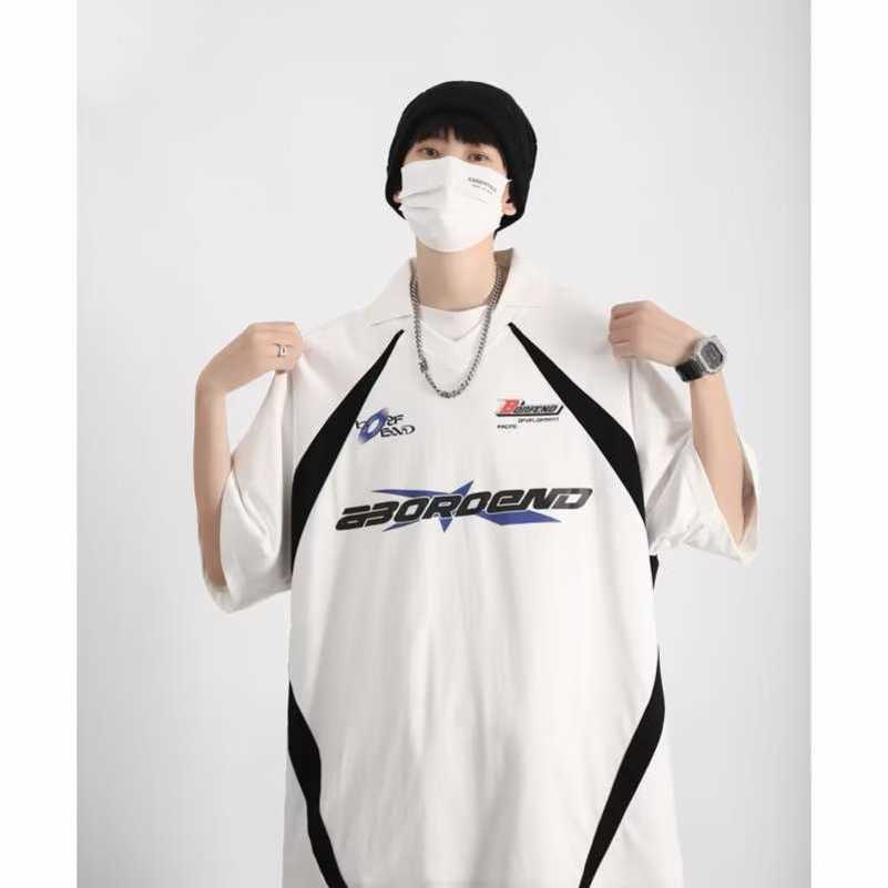 

American fashion label patchwork sports retro racing suit short sleeved T-shirt hiphop loose explosive street couple polo shirt for men, White