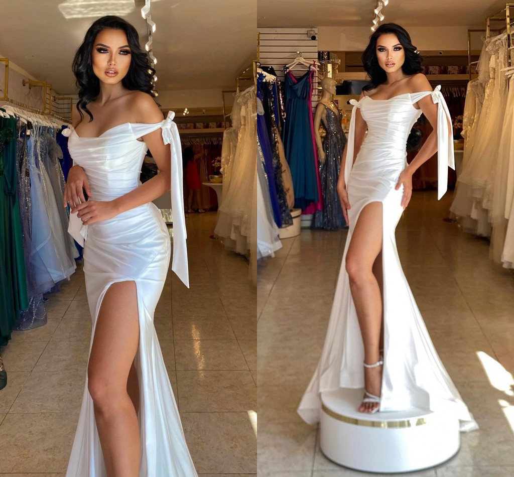 

Sexy Mermaid Prom Dresses Long for Black Women Off Shoulder High Side Split Pleats Draped Party Dress Formal Birthday Pageant Celebrity Evening Gowns Custom, White