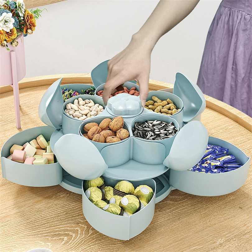 

Petal-Shape Rotating Candy Box Snack Nut Flower Fruit Plate Food Storage Case Two-deck Dried Organizer 211102, Sky blue