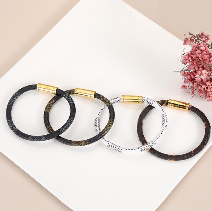 

8style Europe America Stainless Steel Bangle Brand Men Women Couples Leather Magnetic Buckle Plaid Engraved Letter Metal PU Bracelet 17CM
