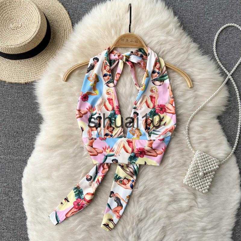 

Women's T-Shirt Sexy Halter Tanks and Camis Women Chic Crop Top Aesthetic Printed Camisole Backless Beach Corset 2022 Fashion Summer Clothes J230627, Mixed color