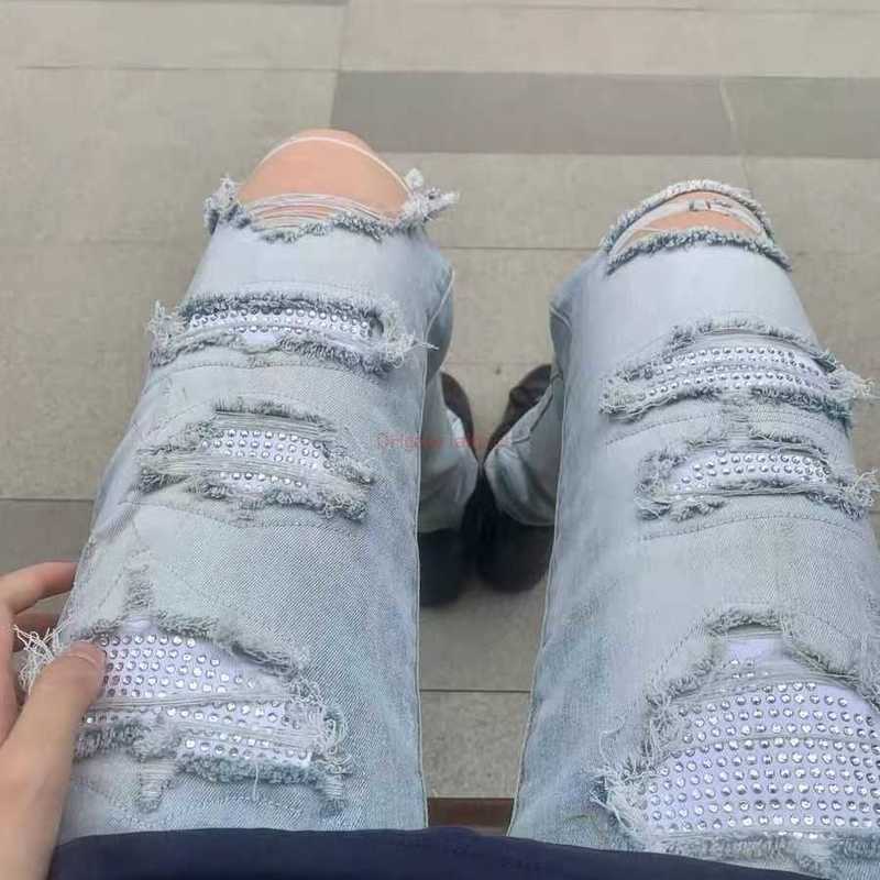 

Designer Clothing Amires Jeans Denim Pants Amies Mens High Street White Diamond Wornout Washed Elastic Trendy Slim Fitting Small Leg Distressed Ripa3cg, Light