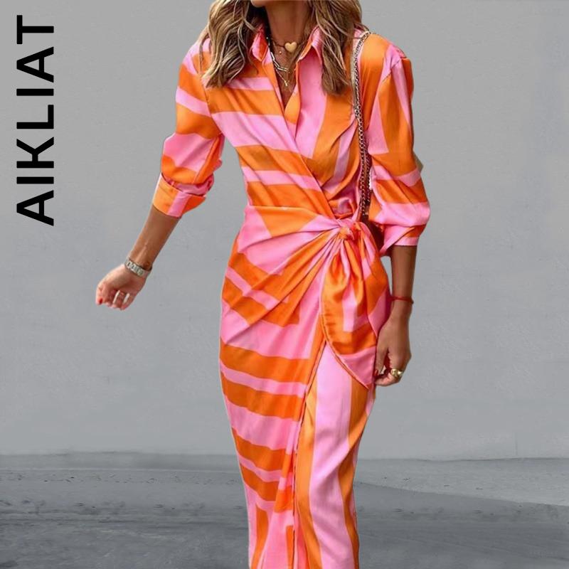 

Dresses Aikliat Fashion Women Dress Blouse Neck Tie Mid Length Striped Skirt Outfits Girl Allmatch Party Dresses Female Vestidos, Blue